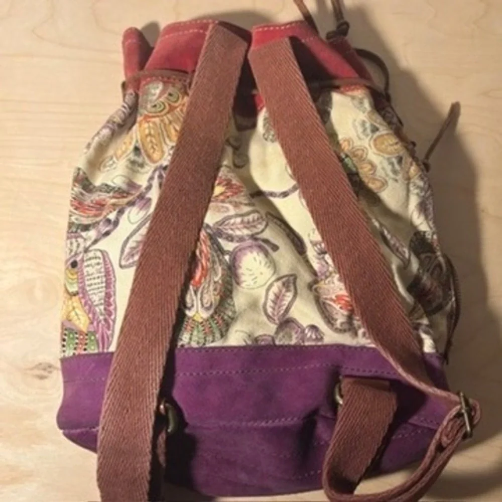 Lucky Brand Backpack Multicolor Floral Suede Canvas Drawstring Boho Skool Laptop